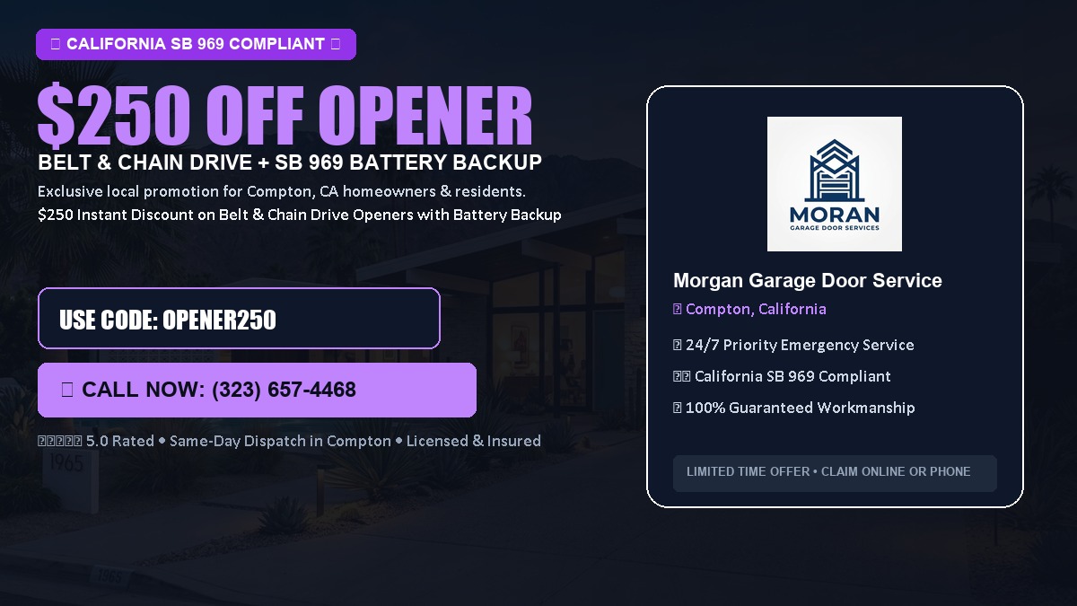 $250 OFF Smart Garage Door Opener Installation (Belt & Chain Drive with California SB 969 Battery Backup) in Compton, CA