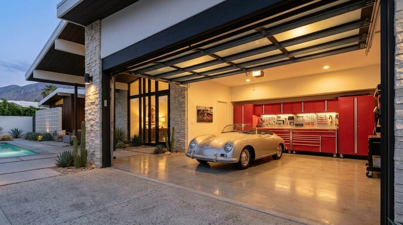 Morgan Garage Door Services Interior View of Custom Garage Door Overhead and Workshop